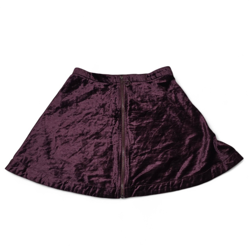 Free People Dark Plum Crushed Velvet‎ A-Line Mini Skirt Front Zip Ring Pull Sz 4